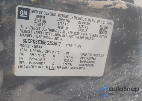 2011 Chevrolet Silverado 1500 Lt z USA, uszkodzony, nr VIN 3GCPKSE30BG253017